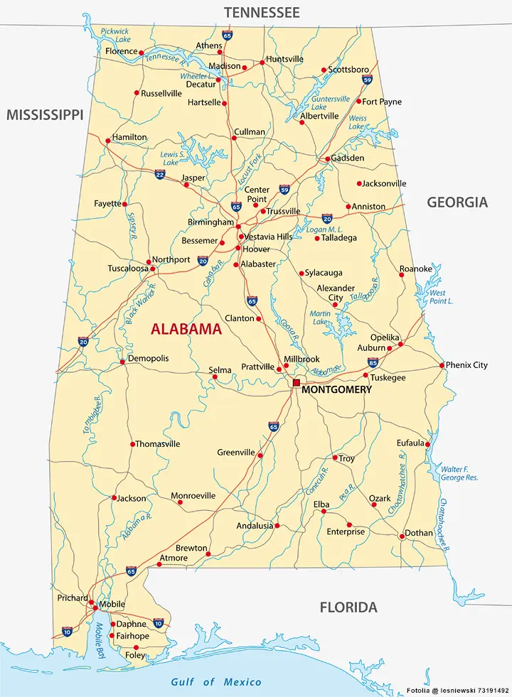 Landkarte von Alabama - Städte, Flüsse, Highways