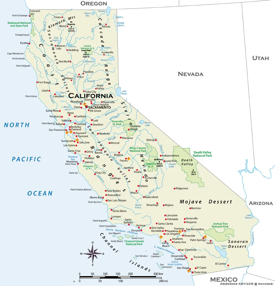 Landkarte von Kalifornien - Städte, Regionen und Flüsse