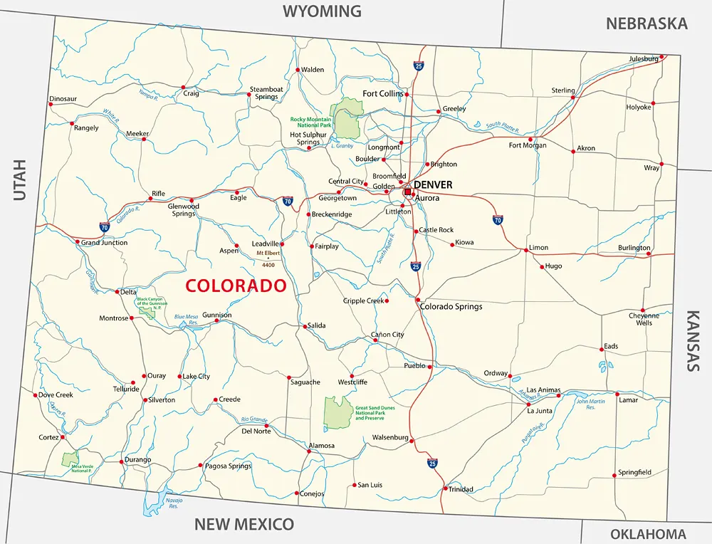 Landkarte von Colorado - Städte, Flüsse, Highways