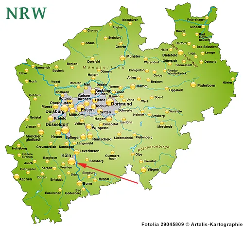 Landkarte von Nordrhein-Westfalen - Köln am Rhein