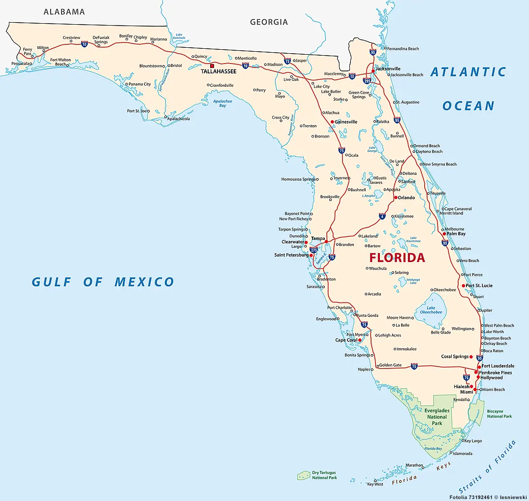 Landkarte von Florida - Städte, Flüsse, Seen und Highways