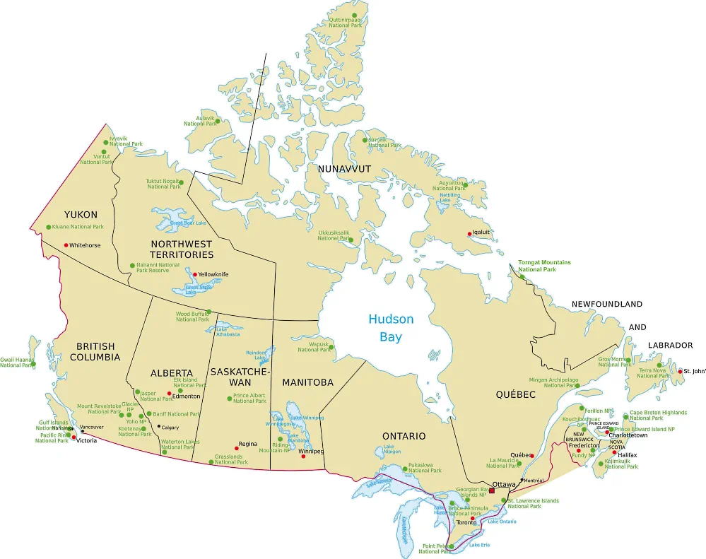 Landkarte von Kanada mit Provinzen und Nationalparks