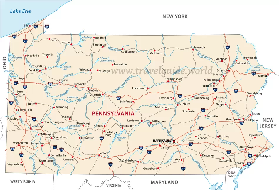 Landkarte von Pennsylvania - Städte, Flüsse, Seen und Highways