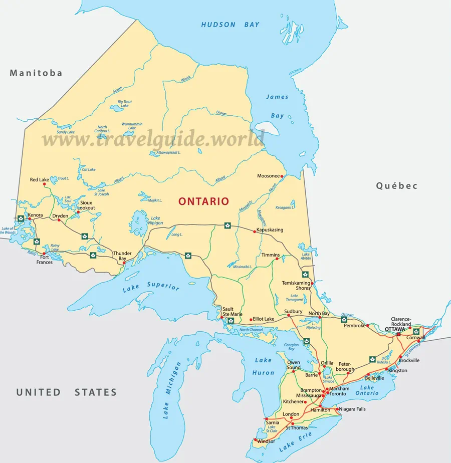 Landkarte der Provinz Ontario - Städte, Flüsse, Seen und Nationalparks